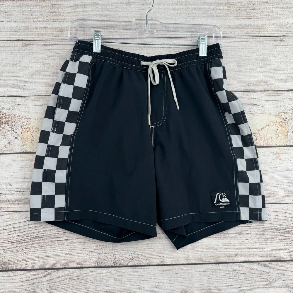 Vintage Y2K Quiksilver Boardshorts Kids Small Black Checkerboard Swim Trunks